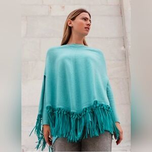 NWT Pinotti Old Money Quiet Luxury Boho Wool Cashmere Leather Fringe Knit Poncho